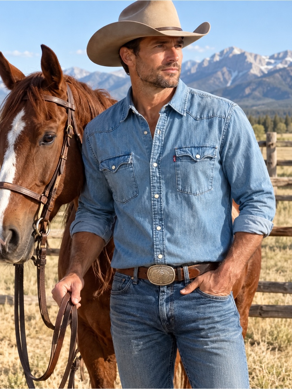 Levi’s Men’s Western Denim Shirt Pearl Snap 100% Cotton Cowboy Ranch L